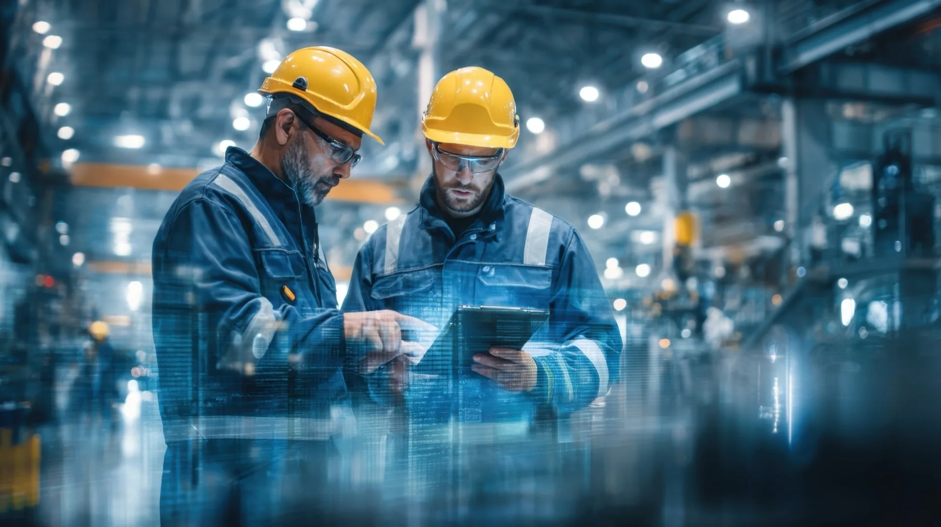 Industrial engineers on a factory floor reviewing digital dashboards on a tablet for connected operations