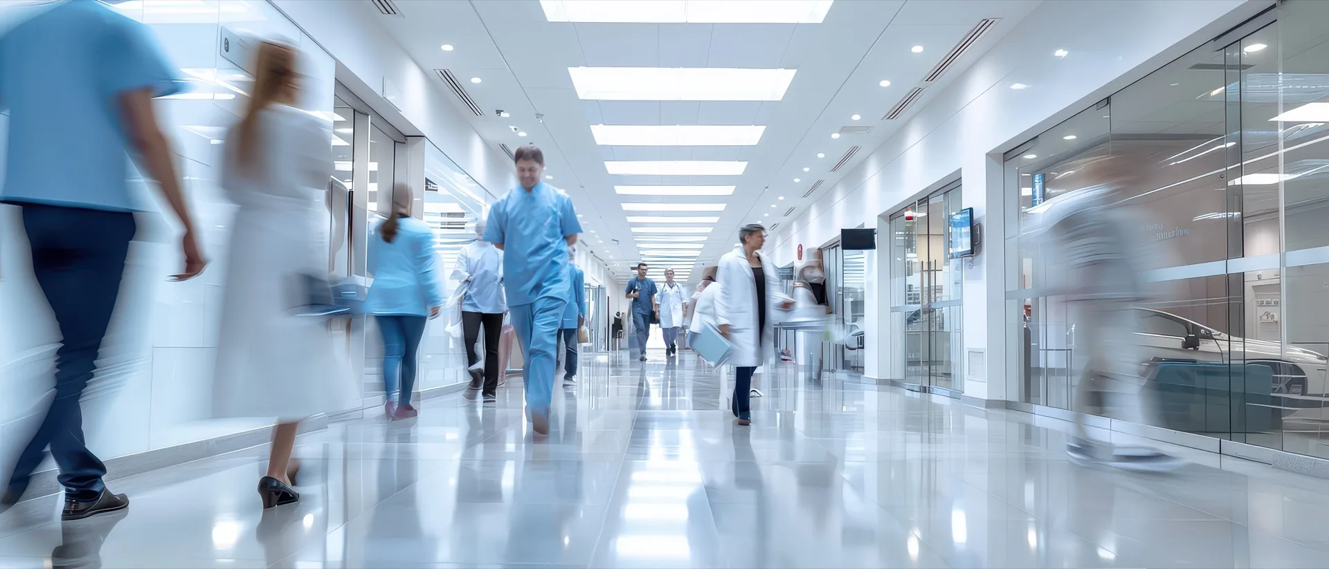 Modern private hospital corridor with medical staff and patients illustrating healthcare workflow atmosphere