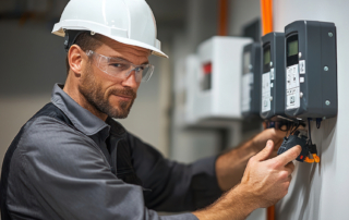 Commercial electrician inspecting electrical control panel for Southern California business