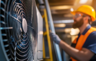 HVAC technician servicing outdoor air conditioning unit for residential home in Southern California