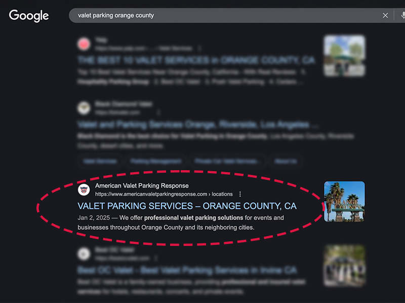 American Valet Parking Response ranking on Google page 1 for Valet Parking Orange County with Magic Web Studios SEO